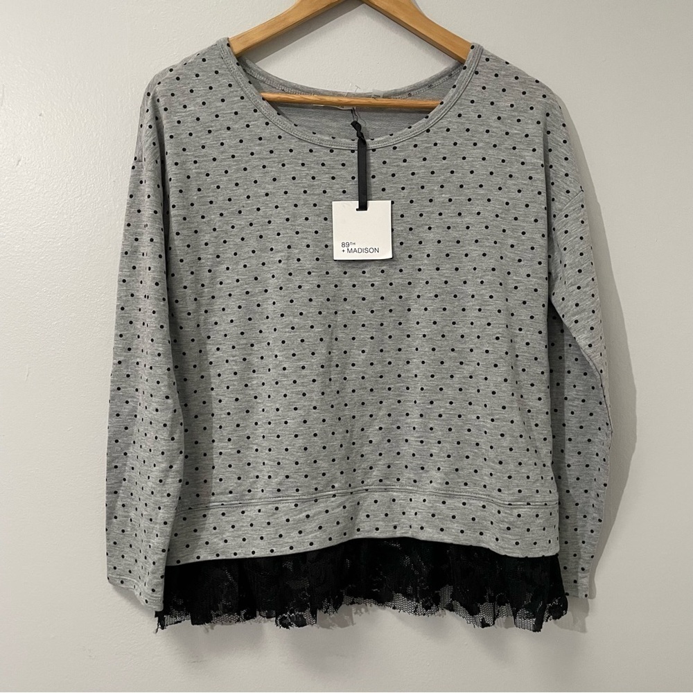 NWT 89th and MADISON POLKA DOT Knit Pullover Sweater Top Lace Hem Sz S